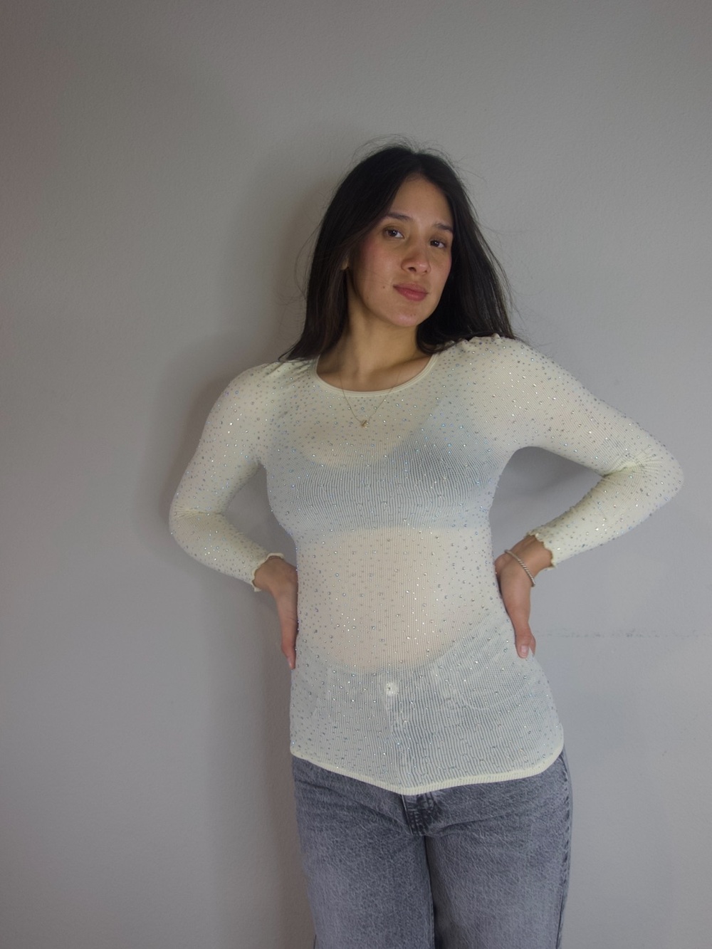 Free People Intimately Rhinestone Long Sleeve Top Size XS/S